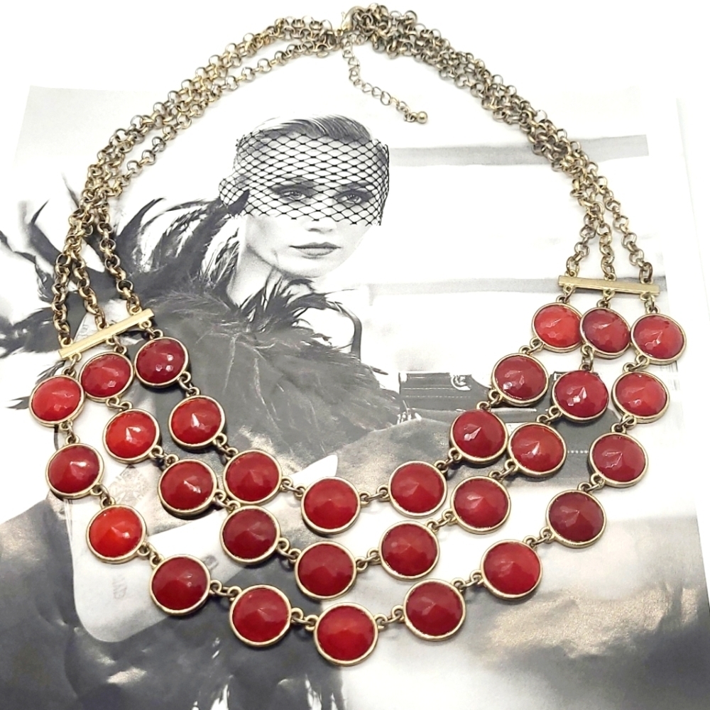 Vintage Multi-strand Red Crystal Gold Statement Necklace